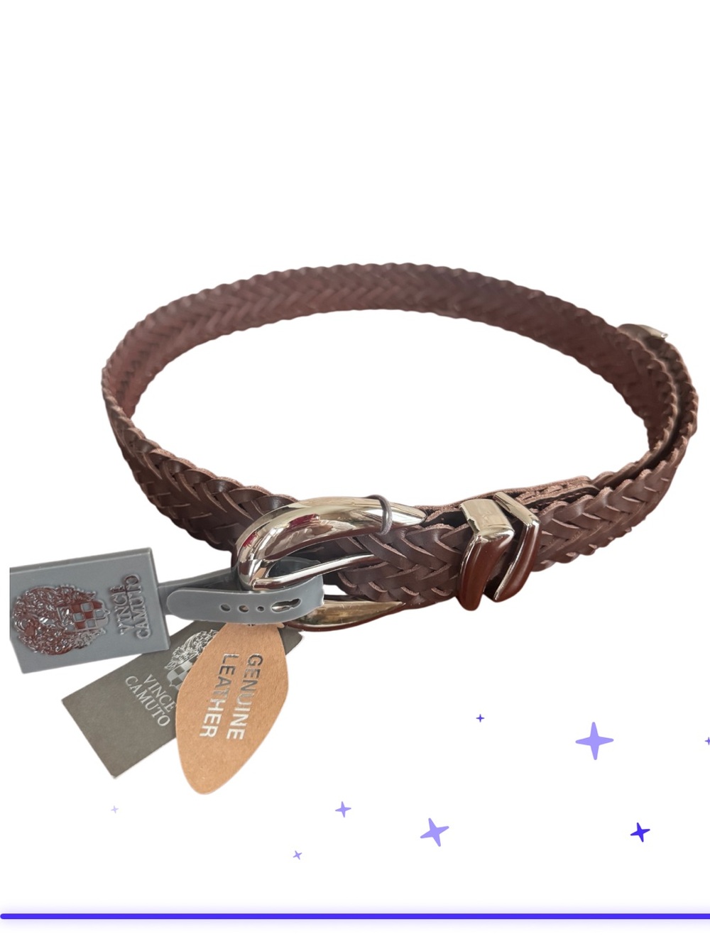 VINCE CAMUTO COGNAC BROWN BRAIDED LEATHER BELT SILVER HARDWARE
